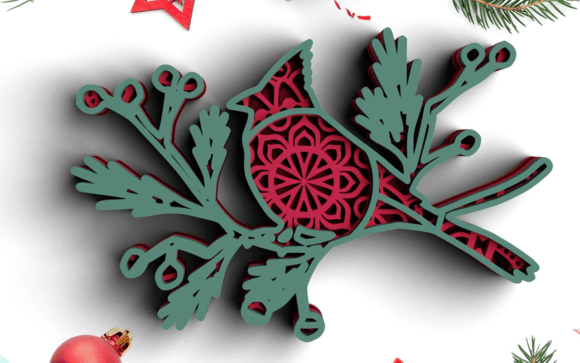 3D Christmas SVG DXF Cardinal: Layered Mandala Art