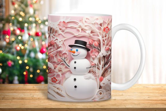 3D Pink Snowman Mug Wrap PNG: Festive Sublimation Design